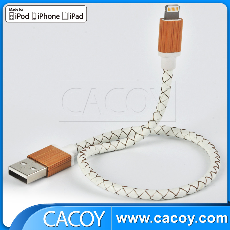 MFi White PU Leather Braided iPhone Cable with Wooden Connector.